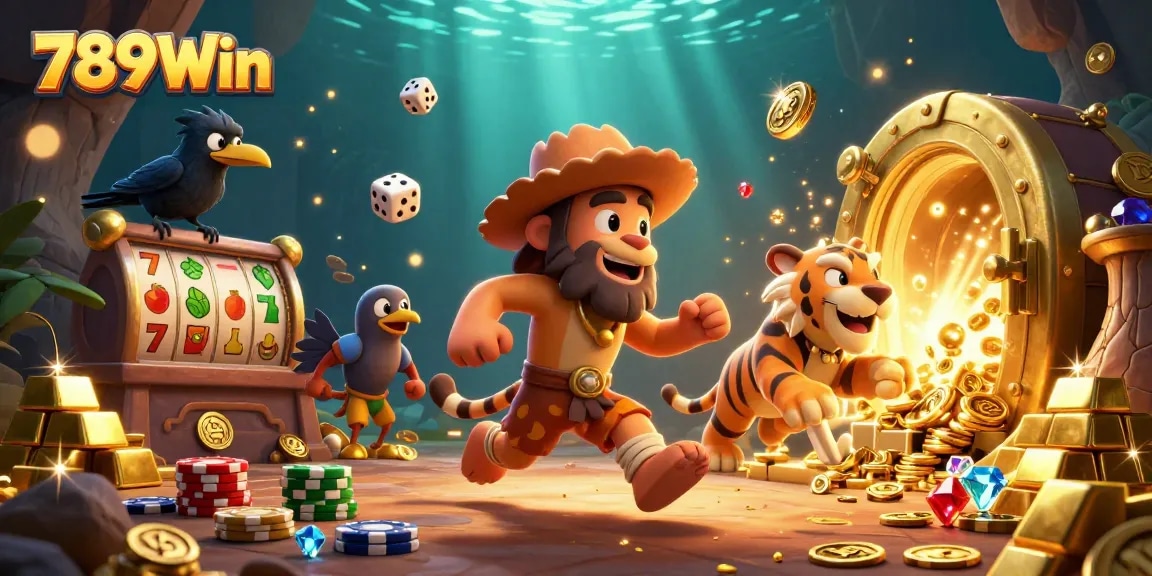 Experience thrilling gameplay at 789Win with cartoon cavemen and tigers in a vibrant casino.