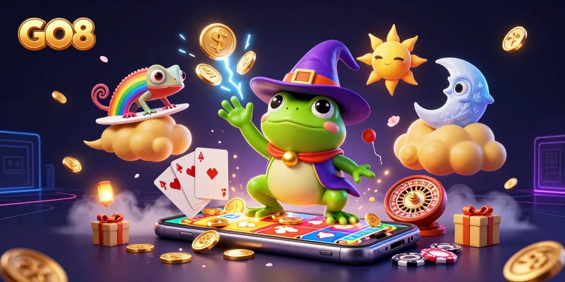 Experience the magic of GO8 as the weather wizard frog conjures golden coins amidst casino excitement.