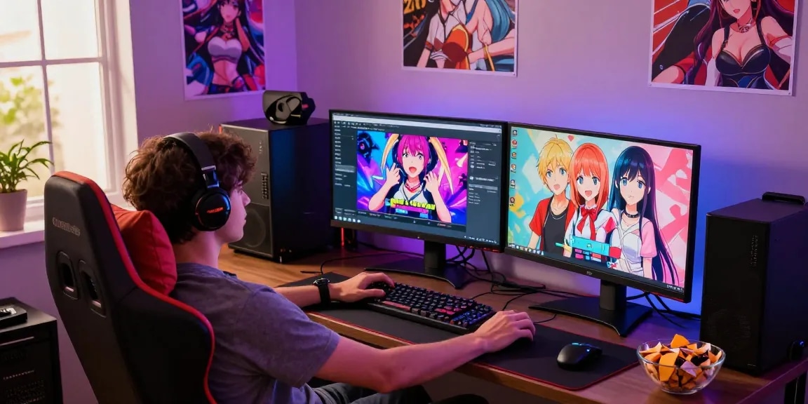 Engaging scene of a gamer enjoying real ecchi games in a vibrant gaming setup with monitors, snacks, and LED lights.