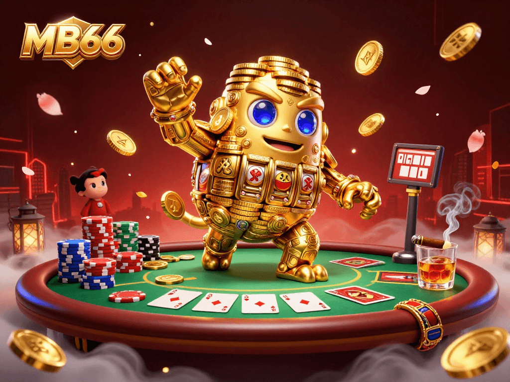 Experience the thrill of MB66 with a vibrant 3D illustration showcasing poker action and golden elements.