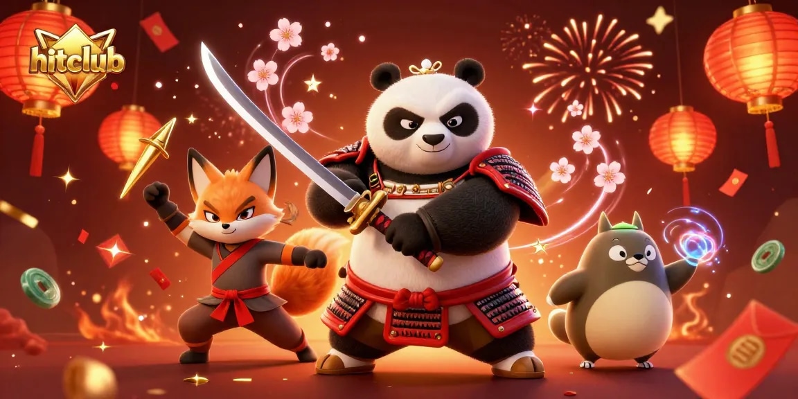 Engage in thrilling gameplay at hitclub with dynamic samurai panda and ninja fox amidst celebratory casino elements.