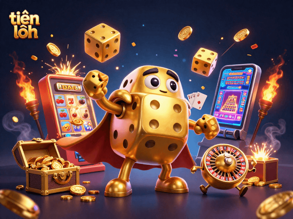 In this dynamic scene, tiến lên showcases a vibrant casino atmosphere with character-dice and jackpots.