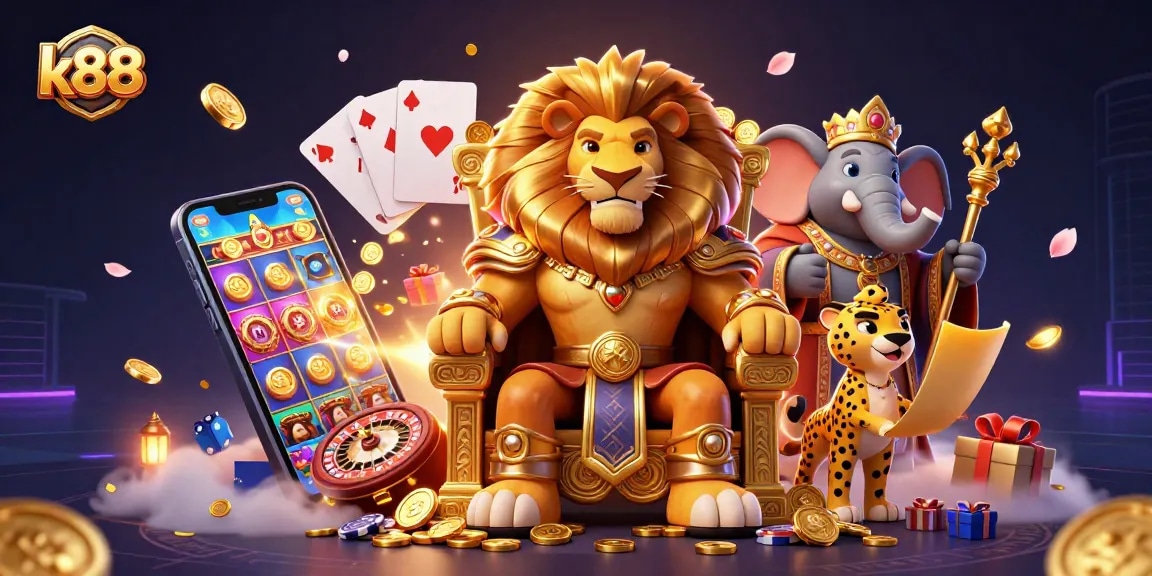 Experience the thrill of k88 gaming with a vibrant 3D casino scene featuring royalty and excitement.