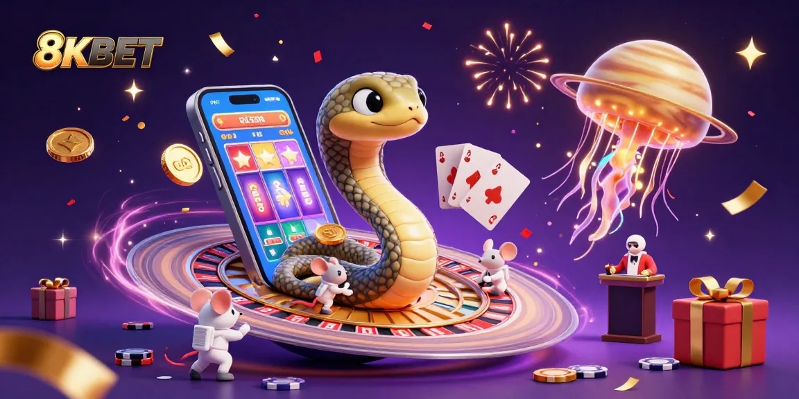 Experience exhilarating gameplay at 8KBET with dynamic bets placed on roulette by astronaut mice amidst vibrant casino elements.