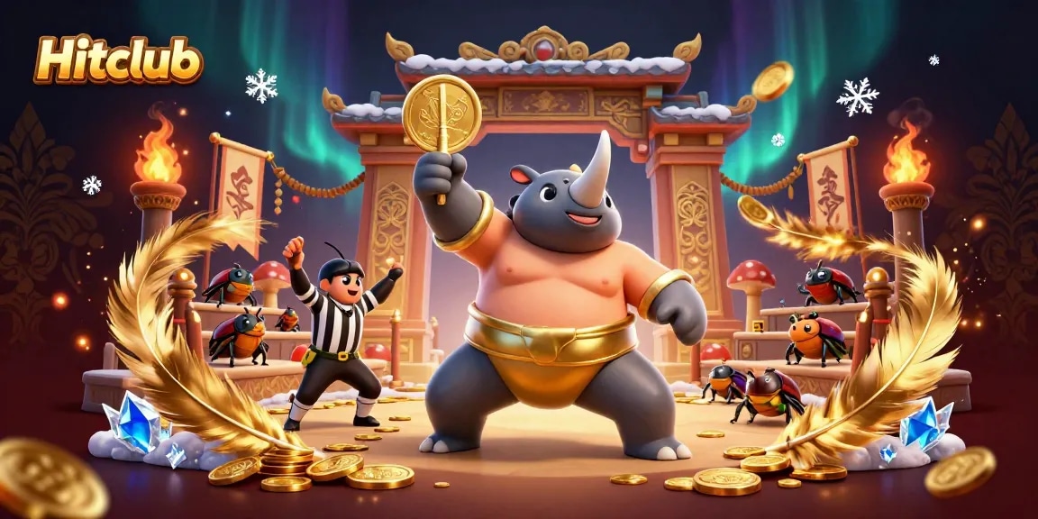 Experience thrilling action and excitement at Hitclub with a sumo champion beetle amidst flying coins and a vibrant atmosphere.