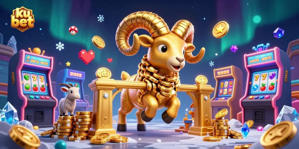 Experience thrilling action with ku bet, featuring a golden ram charging through vibrant casino elements.