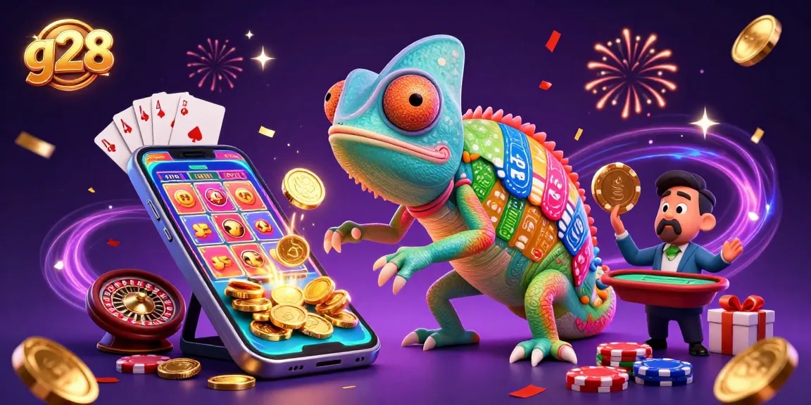 Experience g28's thrilling gaming world with a vibrant chameleon owner amidst exploding coins and slot games.