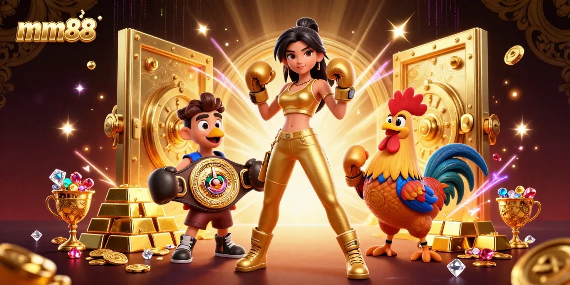 Experience the thrill of mm88 with a powerful woman and championship rooster in a vibrant casino scene.