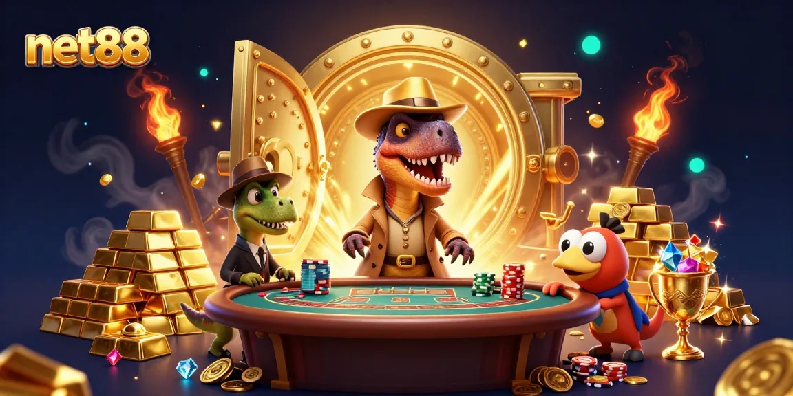 net88 gambling scene with a velociraptor card counter, gold treasures, and vibrant lights