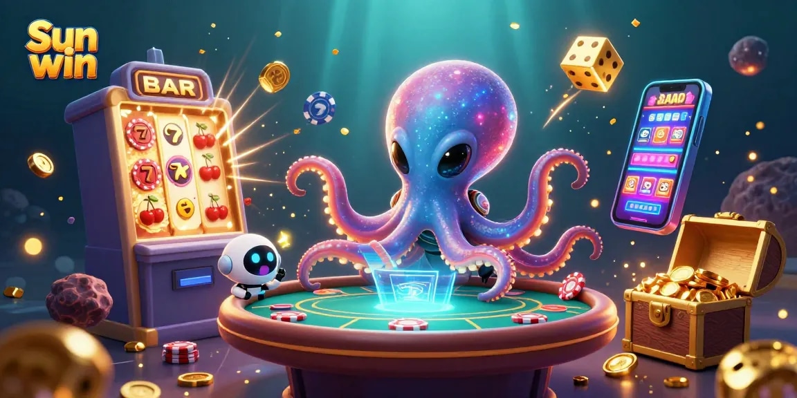 Experience the excitement of Sun win with vibrant 3D casino action featuring slots and poker tables.