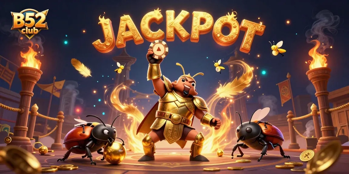 B52club celebrates a jackpot win with a victorious beetle and dynamic casino elements.