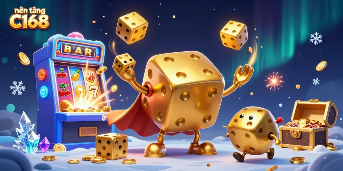Engage with nền tảng C168 through this vibrant 3D illustration of golden dice and casino elements.