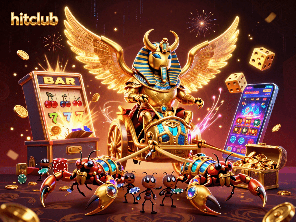 Hitclub offers thrilling gameplay with the scarab beetle chariot amidst a jackpot explosion.