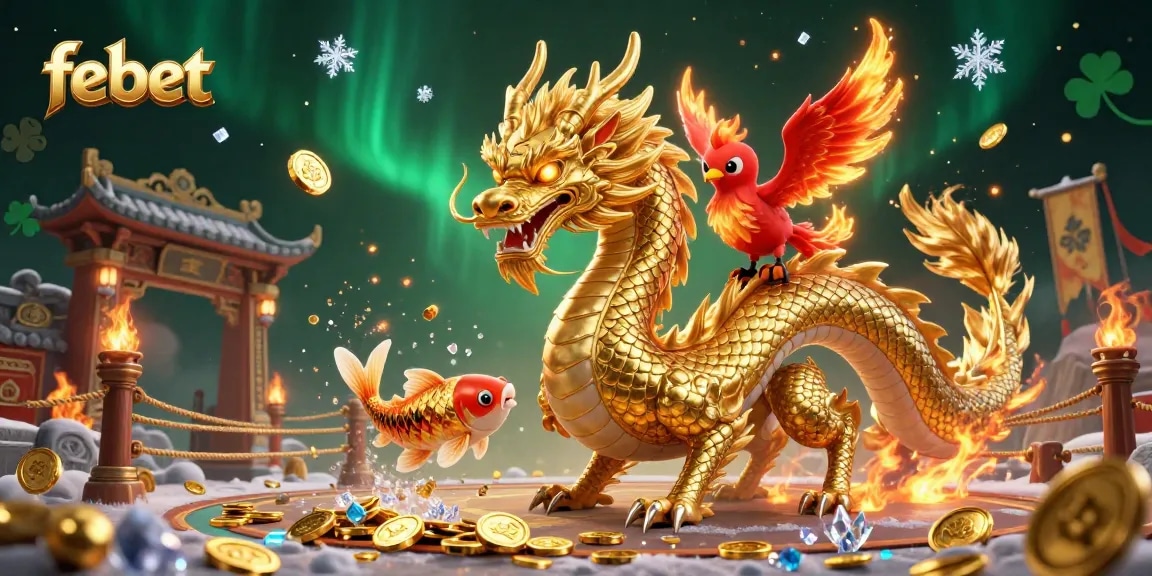Experience thrilling gameplay at febet with a fierce dragon, golden koi fish, and dynamic casino elements.