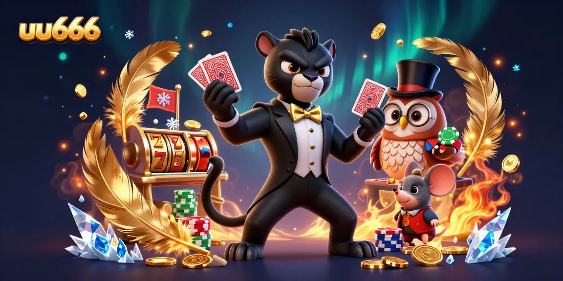 uu666 showcases a stylish black panther dealer elegantly handling cards in a vibrant casino setting, surrounded by fun characters.