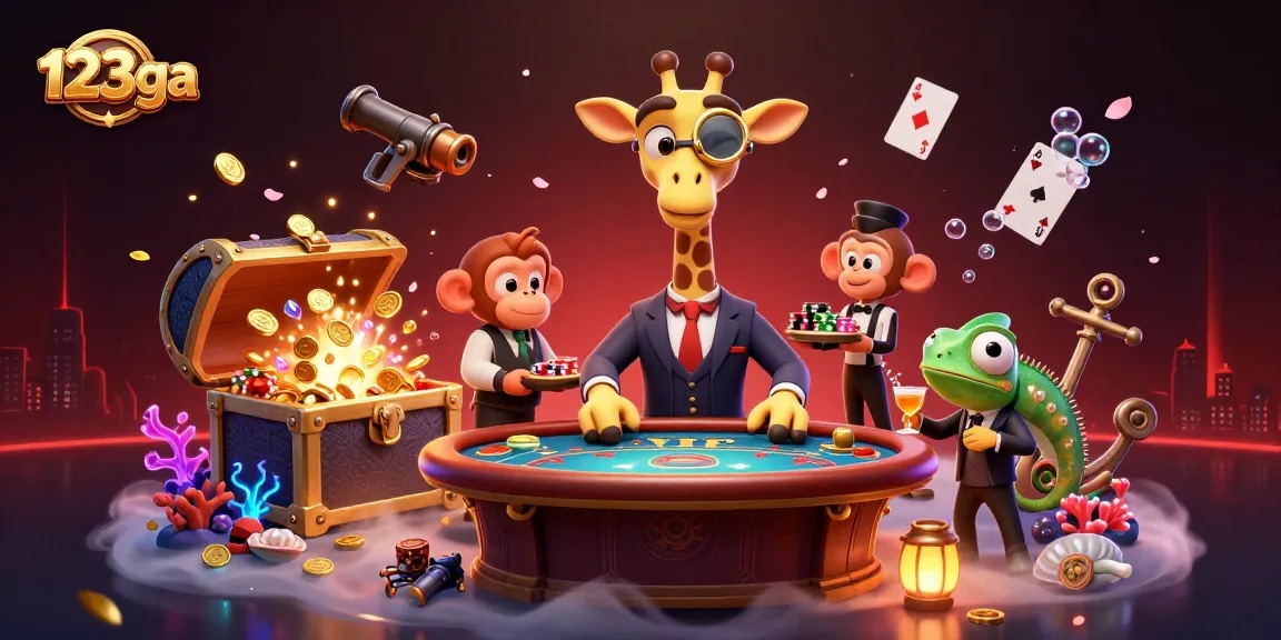 Experience the excitement of 123ga with a high-roller giraffe at a VIP poker table, surrounded by vibrant casino elements.