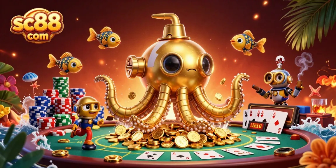 Experience the thrill of sc88 com with a dynamic 3D scene featuring a golden kraken submarine amid poker chips and cards.