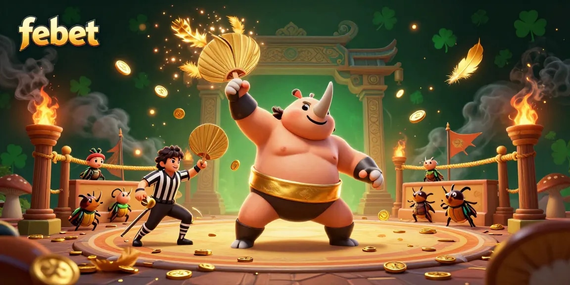 Experience thrilling casino action with febet featuring a beetle sumo champion surrounded by dynamic elements.
