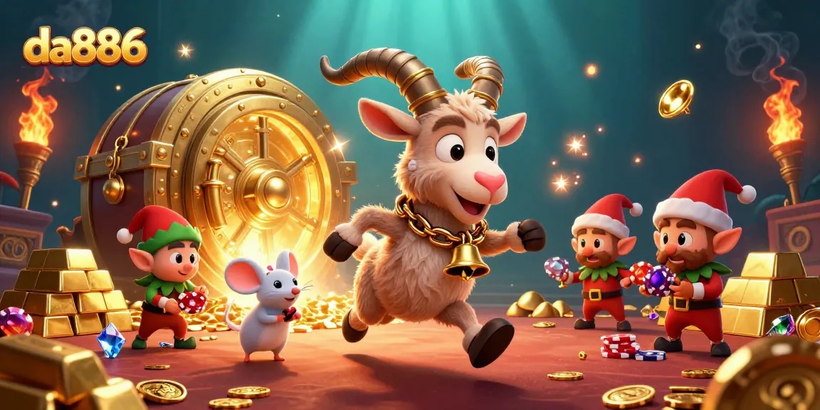 Engage with da886 at a holiday-themed casino, featuring festive characters in a dynamic illustration.