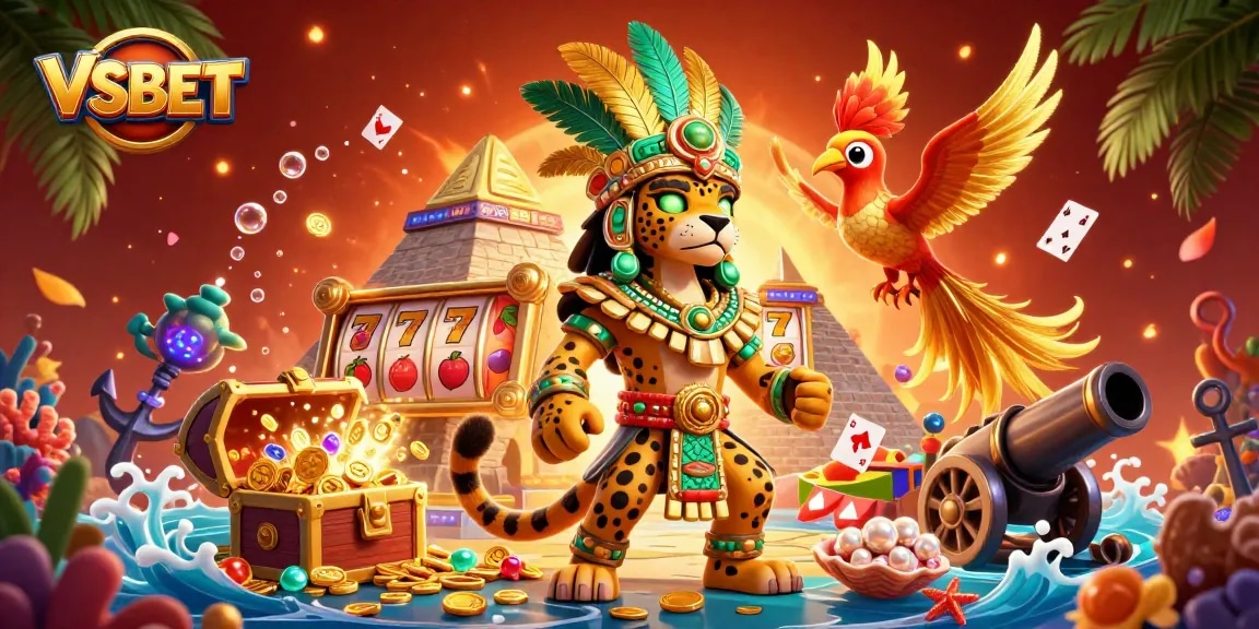 Engage with VSBET's vibrant 3D casino art showcasing a Mayan priest and treasure elements.