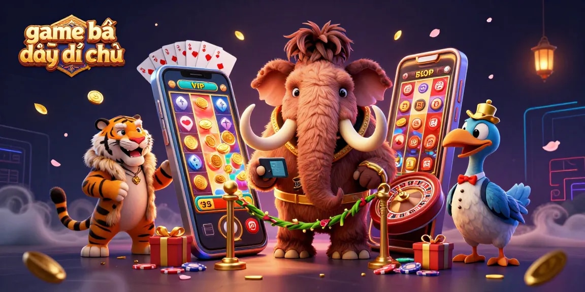 Experience game bài đấu địa chủ excitement with cartoon characters in a vibrant casino scene.