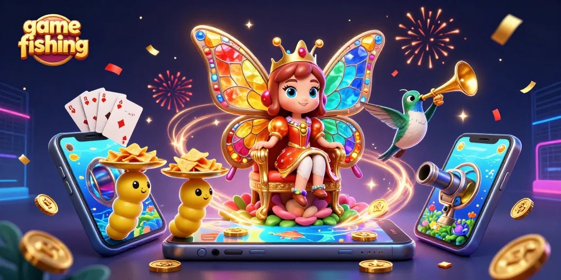 Engage in game fishing with a vibrant scene featuring the colorful butterfly queen and dynamic casino elements.