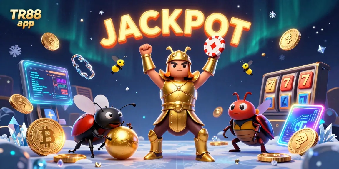 Engage with the TR88 app, featuring a victorious beetle and golden symbols in a thrilling gaming scene.