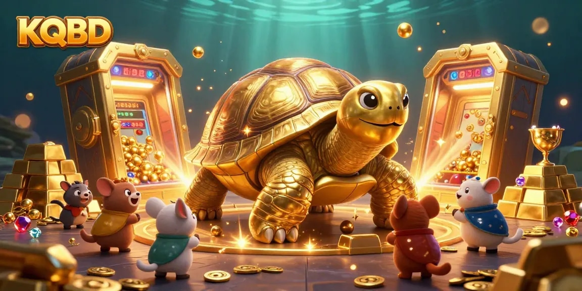 KQBD features an exciting scene with a tortoise pinball machine surrounded by riches and eager players.