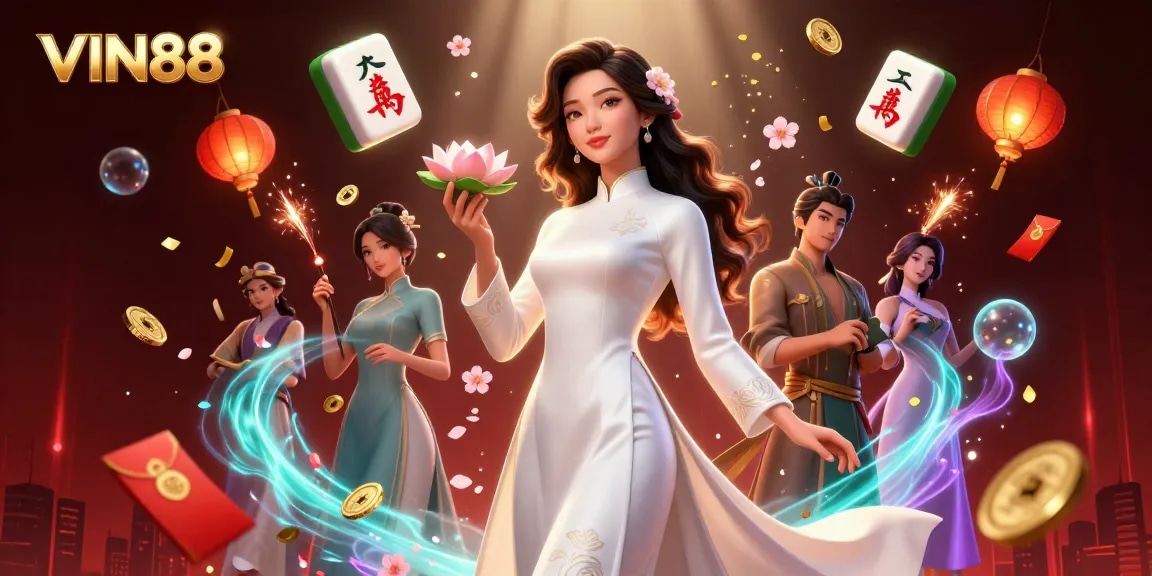Engage with thrilling VIN88 online casino games featuring a serene Asian woman amidst festive decorations.