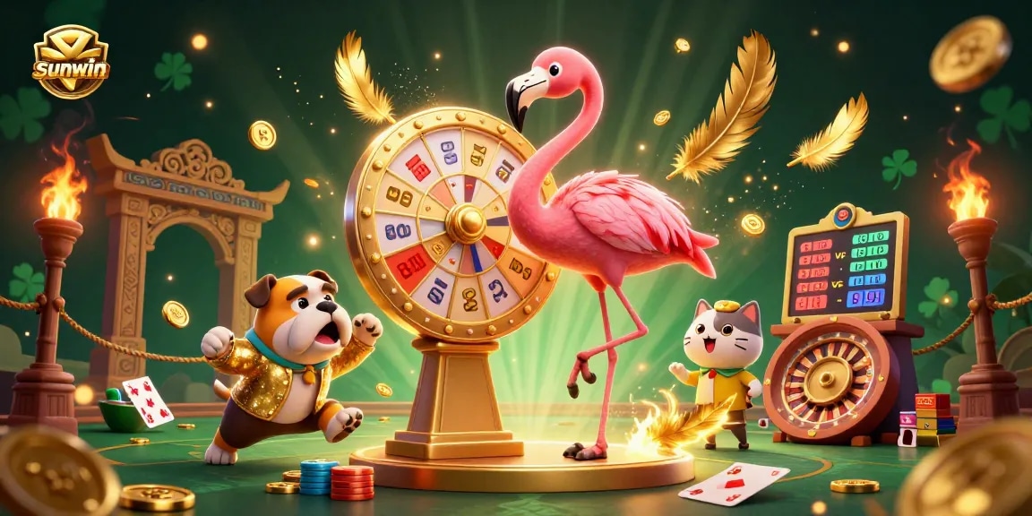 Spin the giant prize wheel with sunwin's flamingo host in an exciting casino scene.