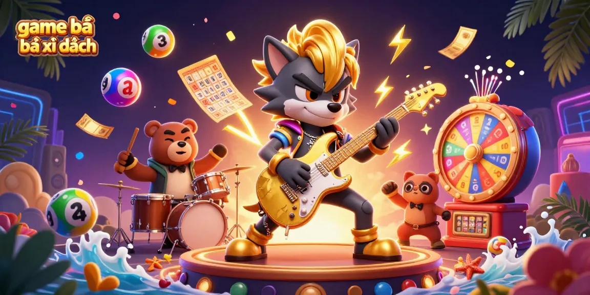 Experience the thrilling game bài bài xì dách with a vibrant casino scene featuring dynamic characters and lottery elements.