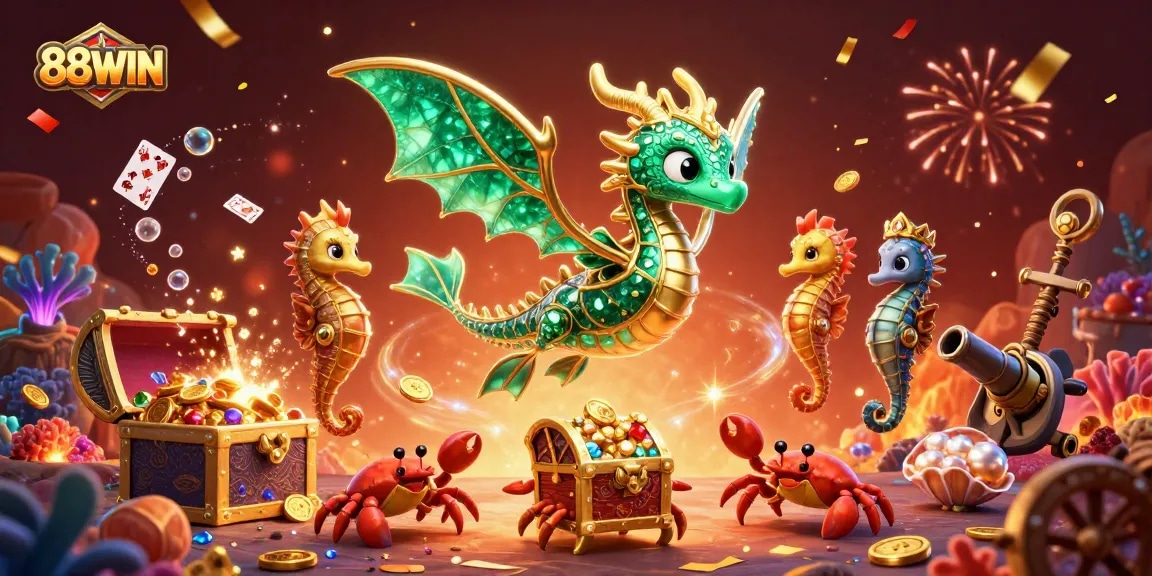 Engage in thrilling adventures with 88WIN as the sea dragon and seahorse protect treasures in this vibrant casino scene.