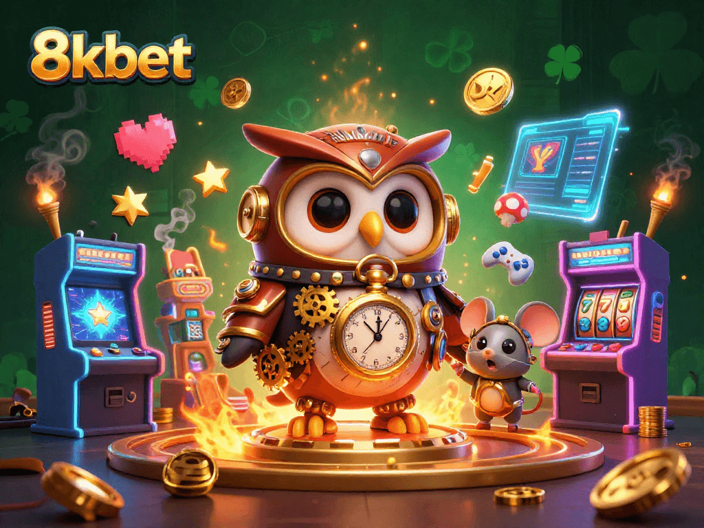Experience excitement at 8kbet with a vibrant casino scene featuring time-traveling owl and gaming elements.