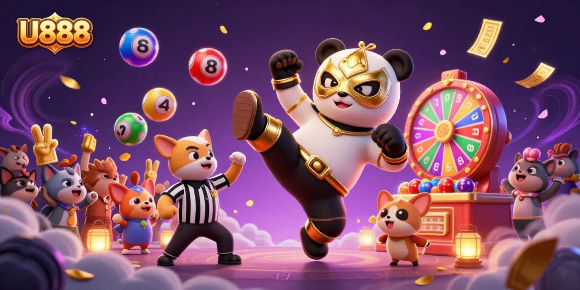 U888's vibrant casino scene showcases a dynamic panda wrestler, lottery elements and cheering fans.
