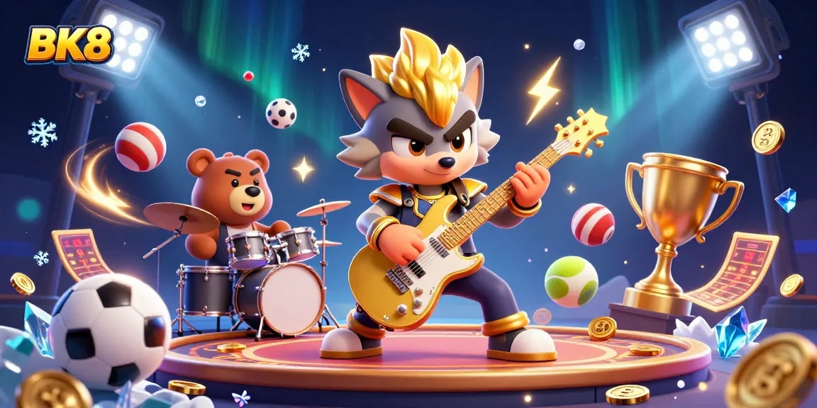 Experience the excitement of BK8 with a vibrant casino-themed illustration showcasing dynamic musical characters and sports betting elements.