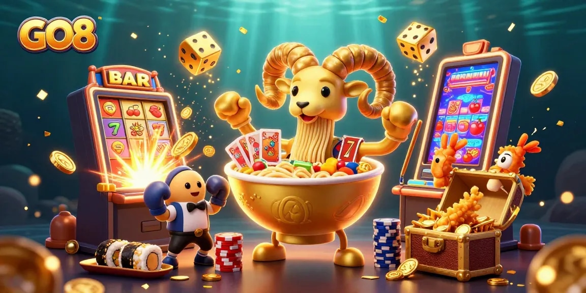 Experience excitement at GO8 with vibrant 3D characters in a lively casino scene.
