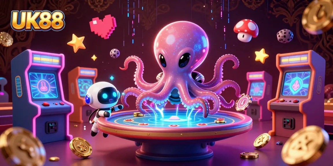 Engage in thrilling gaming with UK88, featuring a playful alien octopus and holographic poker fun.