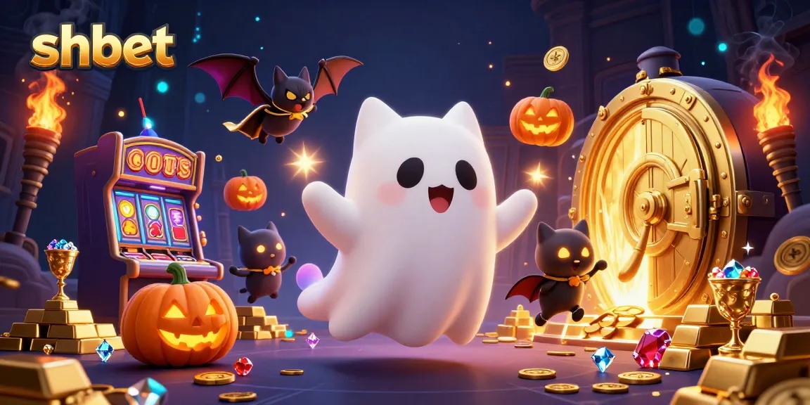 Experience thrills at shbet with a ghost cat in a haunted casino surrounded by glowing gems and gold.