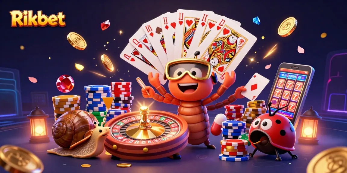 Engage with Rikbet's thrilling atmosphere through a colorful 3D casino scene featuring dynamic characters and vibrant game elements.