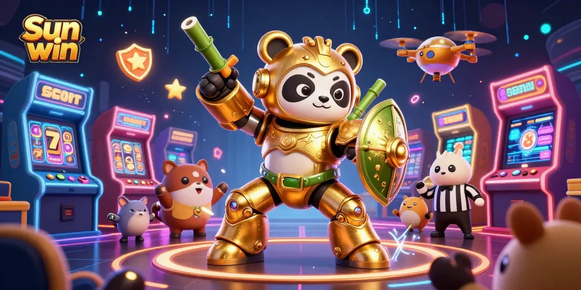 Experience the thrilling gameplay at Sun win with a vibrant 3D illustration featuring a golden panda in action.