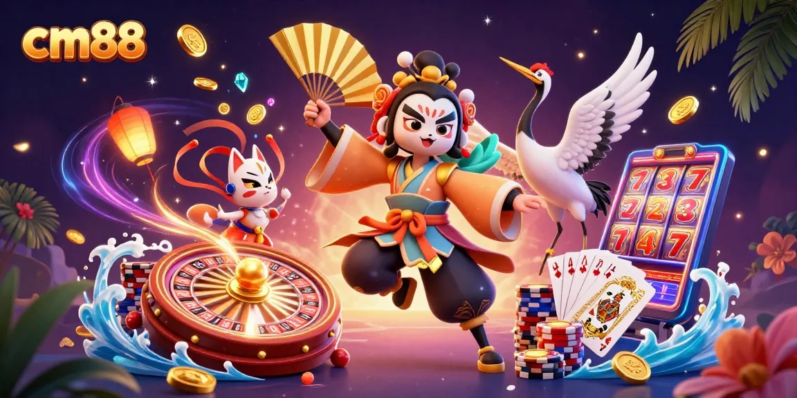 Play slots at cm88 while winning cascading coins and vibrant poker chips.