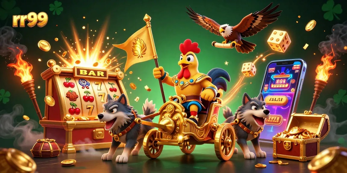 Experience the excitement of rr99 with a vibrant casino scene featuring a golden war chariot and explosive jackpots.