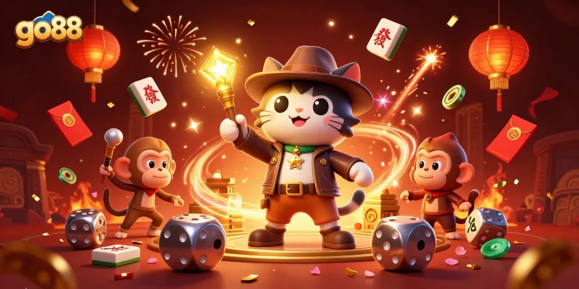 Win big with go88 in a vibrant 3D casino adventure illustrated with lively gambling elements.