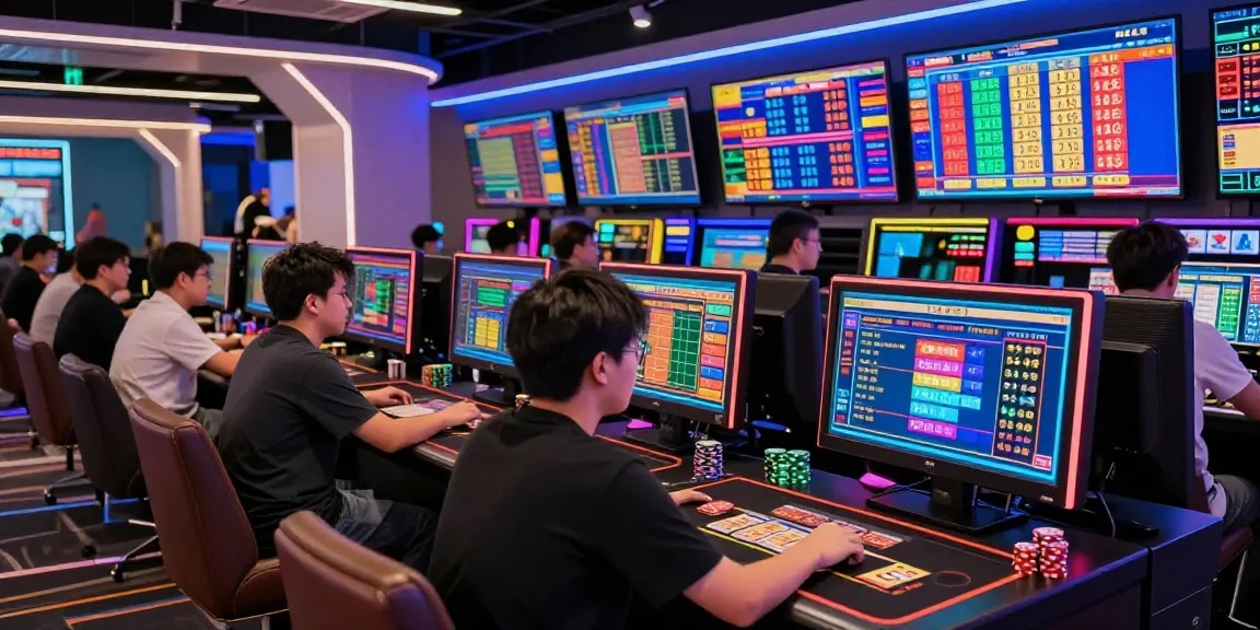 Players engaged in Bandar Togel 4D Resmi Togel88 betting with digital screens showing trends and numbers.