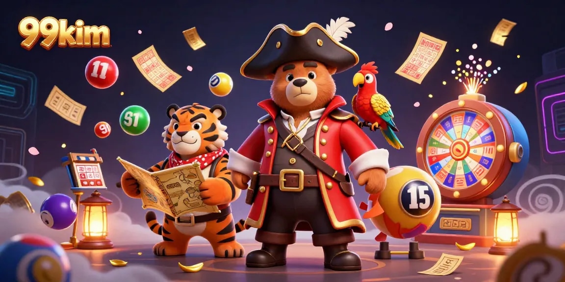 Experience thrilling games at 99kim with a vibrant illustration of colorful lottery elements and adventurous characters.