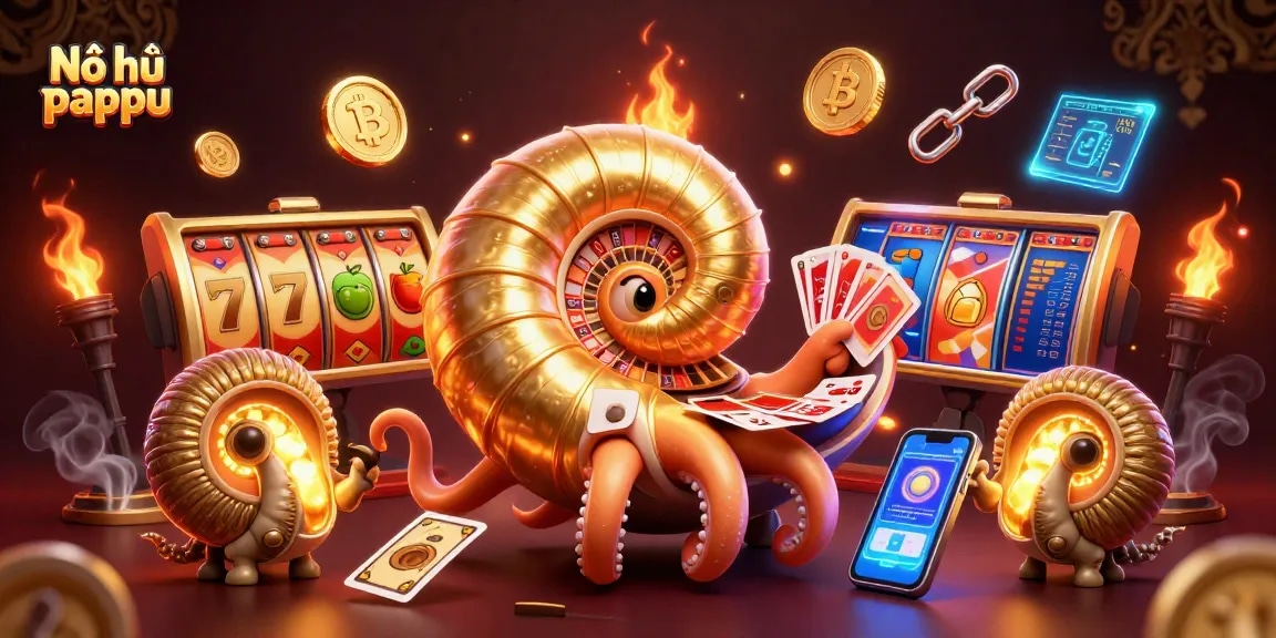 Experience Nổ hũ pappu with vibrant slot symbols, golden nautilus, and neon crypto elements.