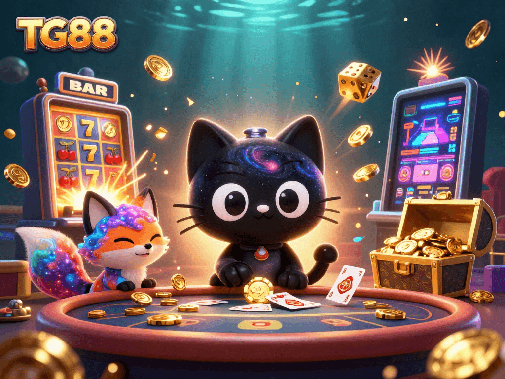 Engage with TG88 at a vibrant cosmic casino, where a black hole cat and nebula fox bring luck and excitement!