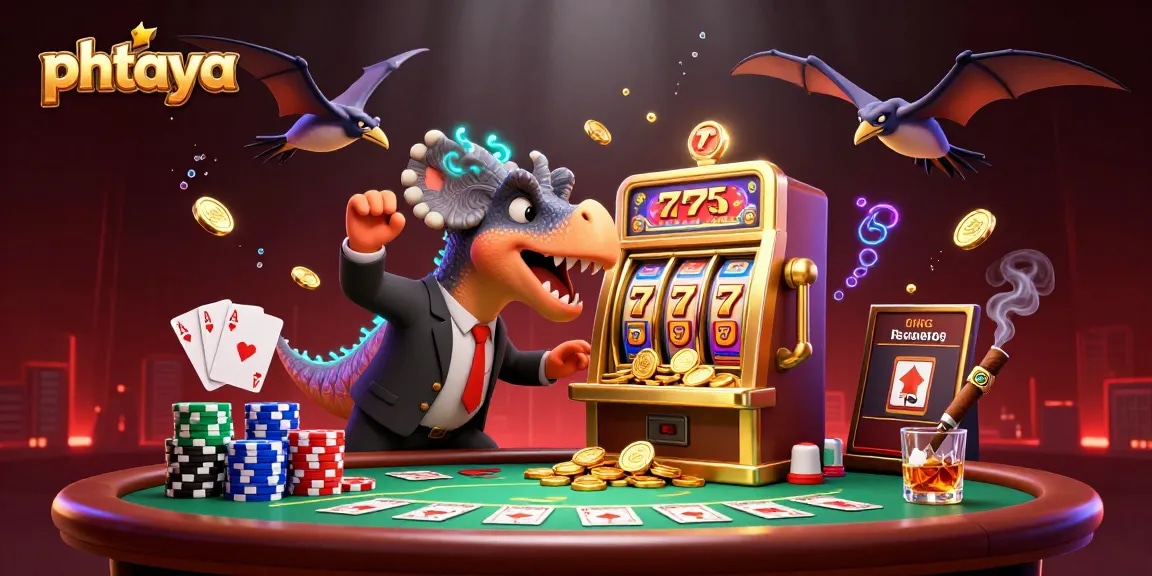 Phtaya casino excitement with a pachycephalosaurus celebrating a jackpot at a slot machine