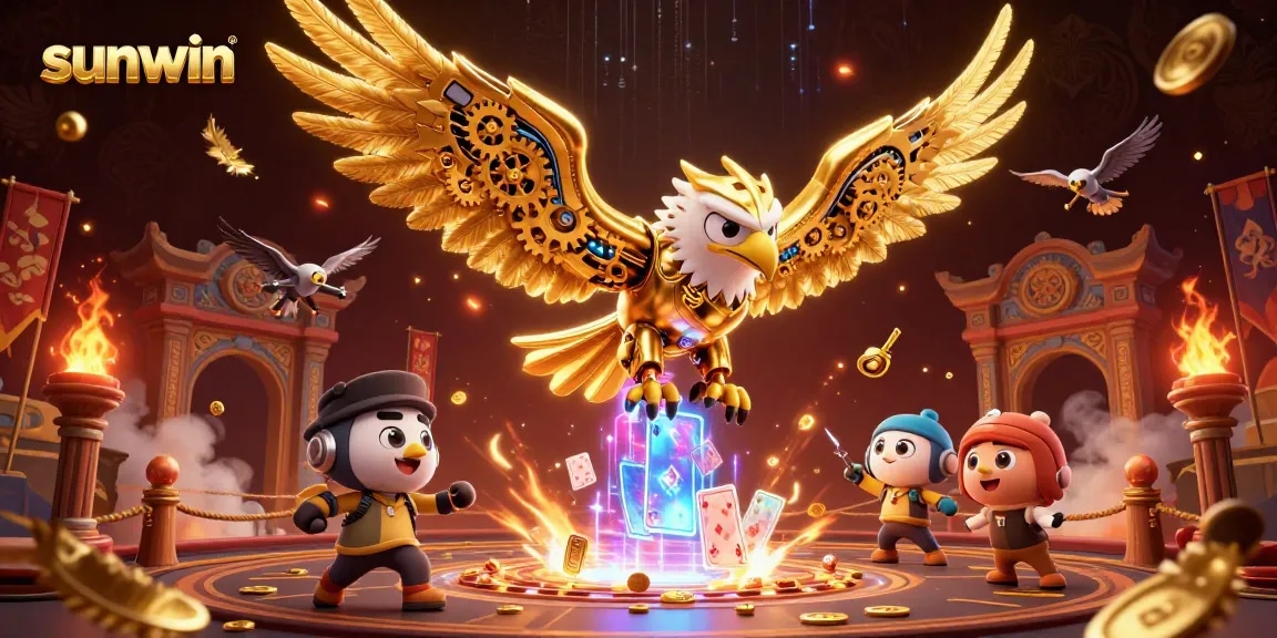 Engage in thrilling gameplay at sunwin, featuring a golden eagle amidst holographic cards.
