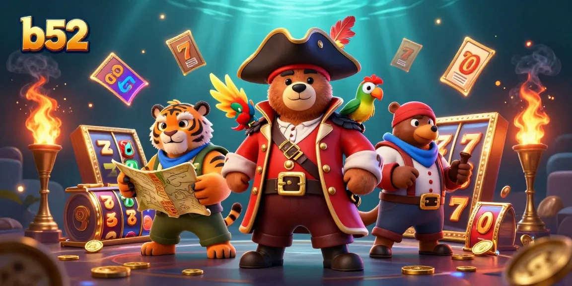 Play exciting slot games at b52 with a colorful 3D pirate-themed illustration filled with gold coins and jackpots.